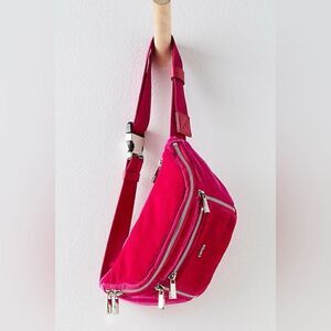NWT Free People Caraa Velvet Small Sling Bag Hot Pink Pewter Shiny Trim